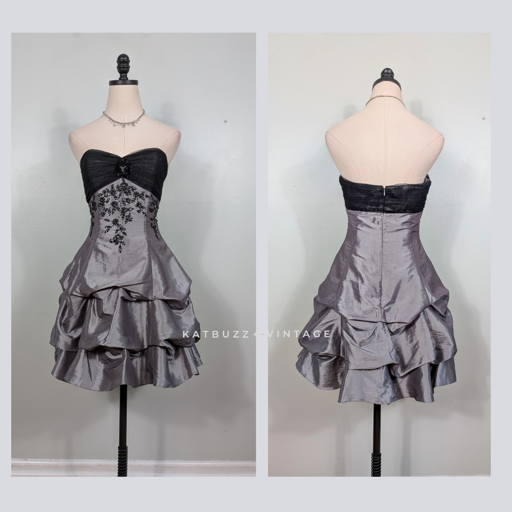Vintage Prom Dress Mini Gown 8 Gray Black Floral Bead Y2K Hoco Goth Princess